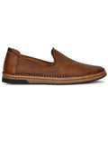 Men's brown ethnic loafer shoe with synthetic leather upper and flat TPR sole, slip-on closure.