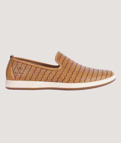 Men's brown perforated slip-on loafer with woven design and white sole by Big Boon