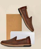 Brown men's designer slip-on loafer shoes with perforated synthetic leather and flat TPR sole for comfort and breathability