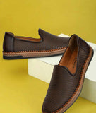 Brown men's designer slip-on loafer shoes with perforated synthetic leather and flat TPR sole for comfort