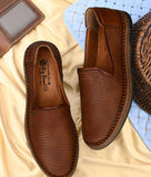 Brown men's Big Boon designer slip-on loafer shoes with perforated synthetic leather and flat TPR sole for comfort and breathability
