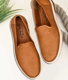 Brown perforated slip-on loafer shoes for men with flat TPR soles and synthetic leather upper for comfort and style