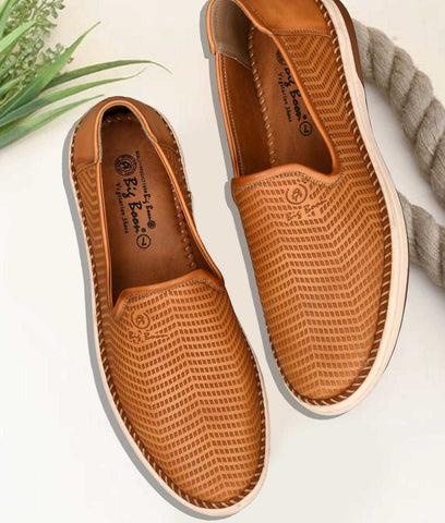 Brown perforated slip-on loafer shoes for men with flat TPR soles and synthetic leather upper for comfort and style