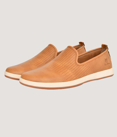 Men's perforated lightweight slip-on loafer shoes in tan brown with white sole by Big Boon