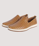 Men's brown perforated slip-on loafer with woven design and white sole by Big Boon