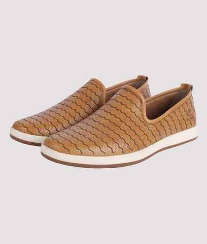 Men's brown perforated slip-on loafer with woven design and white sole by Big Boon