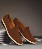 Men's casual moccasin shoes in brown nubuck leather with rubber sole and cushioned insole