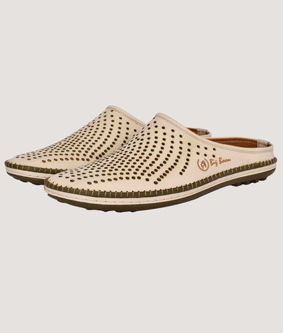 Men's beige perforated slip-on clogs style mule shoes by Big Boon, designed for comfort and casual wear.