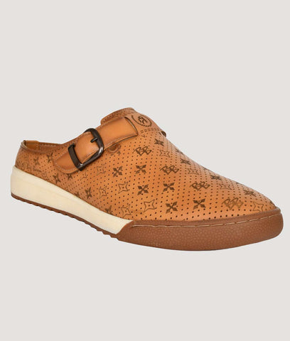Men's printed ethnic mules in brown with buckle detail and comfortable sole