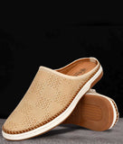 Beige men's open back casual slip-on mule shoes with synthetic leather and flat heel