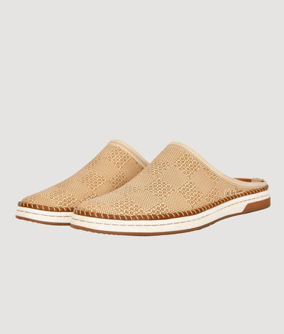 Beige men's open back casual slip-on mule shoes with synthetic leather and flat heel