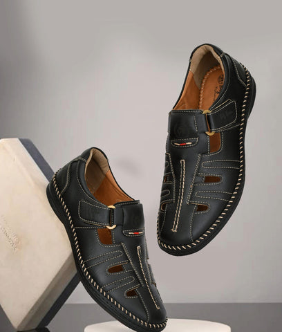 Men's classic black Roman sandal with durable synthetic leather straps and TPR sole, featuring a supportive footbed and adjustable fit.