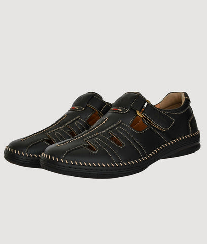 Men's classic black Roman sandal with durable synthetic leather straps and TPR sole, featuring a supportive footbed and adjustable fit.