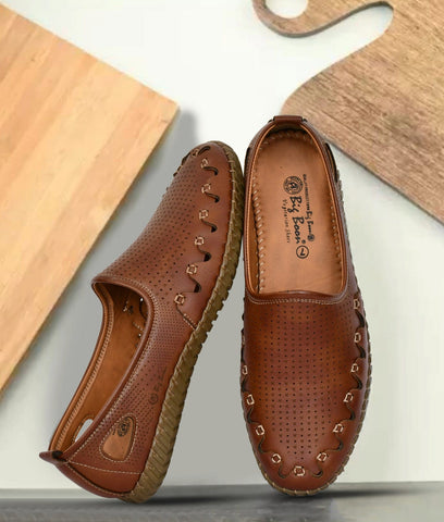 Brown Big Boon men's Roman slip-on sandals with perforated synthetic leather upper and rubber sole