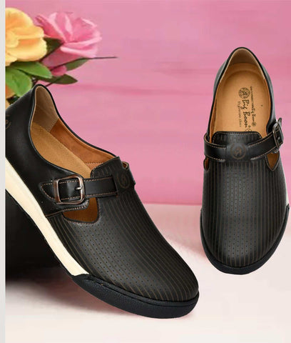 Black men's loafer shoes with perforated design and buckle strap, slip-on style with cushioned sole for comfort.