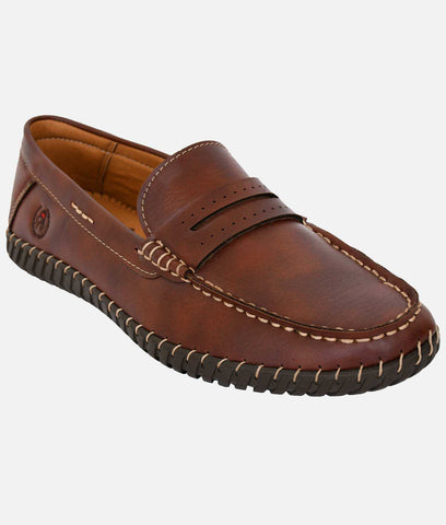 Brown men's casual loafer with synthetic leather upper and rubber sole, slip-on design with flat heel.