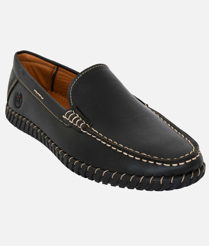 Black men's casual loafer with synthetic leather, slip-on design, flat rubber sole, and contrast stitching