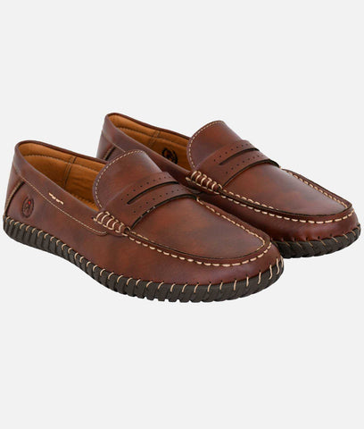 Brown men's casual loafer with synthetic leather upper and rubber sole, slip-on design with flat heel.