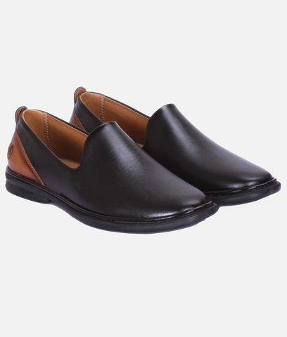 Men's formal loafer slip-on shoes in black synthetic leather with brown heel accent and rubber sole.