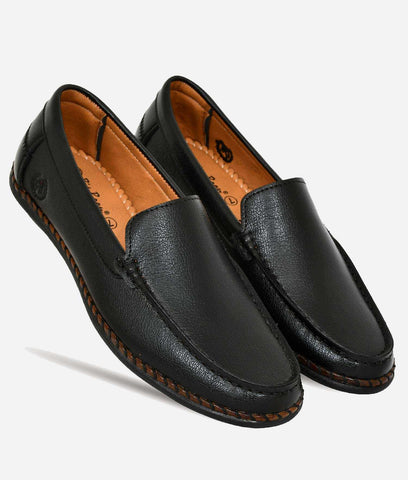 Black leather men's casual loafer with slip-on design and flat rubber sole