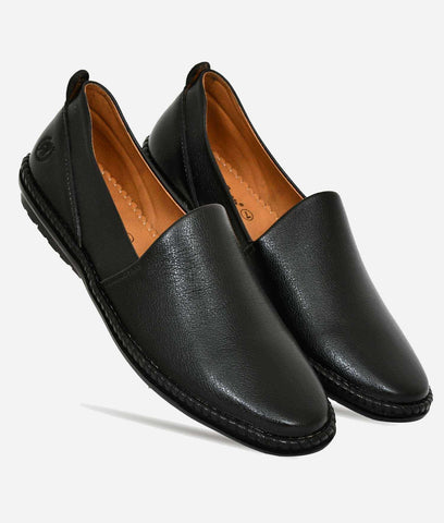 Black leather men's casual loafer with slip-on design and flat TPR sole