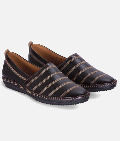 Black men's ethnic mojari designer loafer shoes with striped synthetic leather and rubber sole