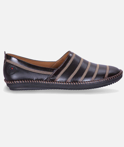 Black men's ethnic mojari designer loafer shoes with striped synthetic leather and rubber sole