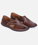 Brown Big Boon men's ethnic Nagra sandal style shoes with synthetic leather and rubber sole, slip-on design, and flat heel.