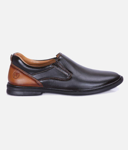 Big Boon men's casual slip-on shoes in black synthetic leather with brown heel accents and rubber sole