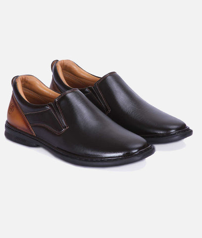 Big Boon men's casual slip-on shoes in black synthetic leather with brown heel accents and rubber sole