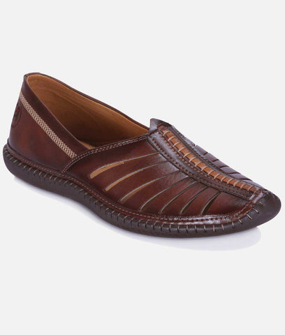 Ethnic Shoes, dark brown synthetic leather slip-ons with stitched edging and a distinctive pleated vamp design