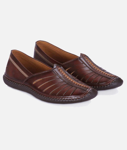 Ethnic Shoes, dark brown synthetic leather slip-ons with stitched edging and a distinctive pleated vamp design